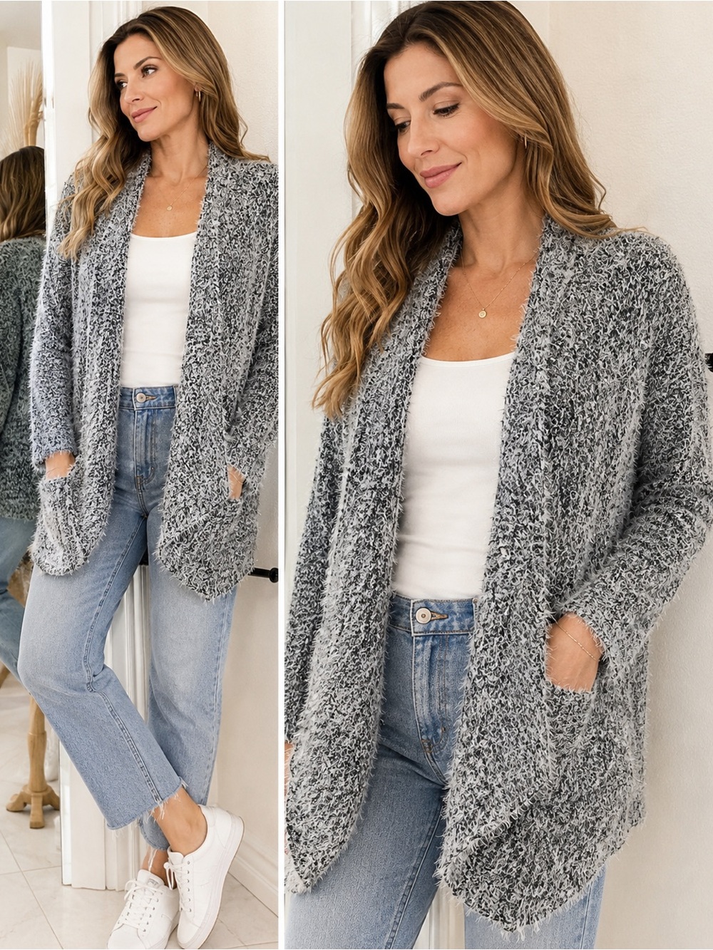 RD Style Gray Eyelash Knit Cardigan Medium Open Front Cozy Pockets
